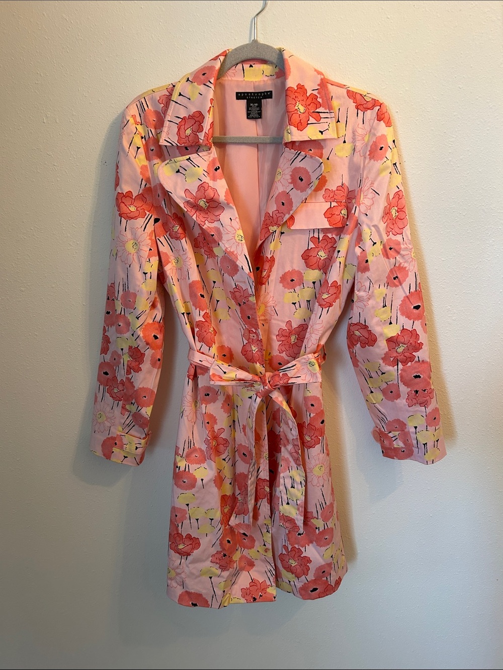 Apostrophe Pink Floral Trench Coat with Coral & Yellow Accents